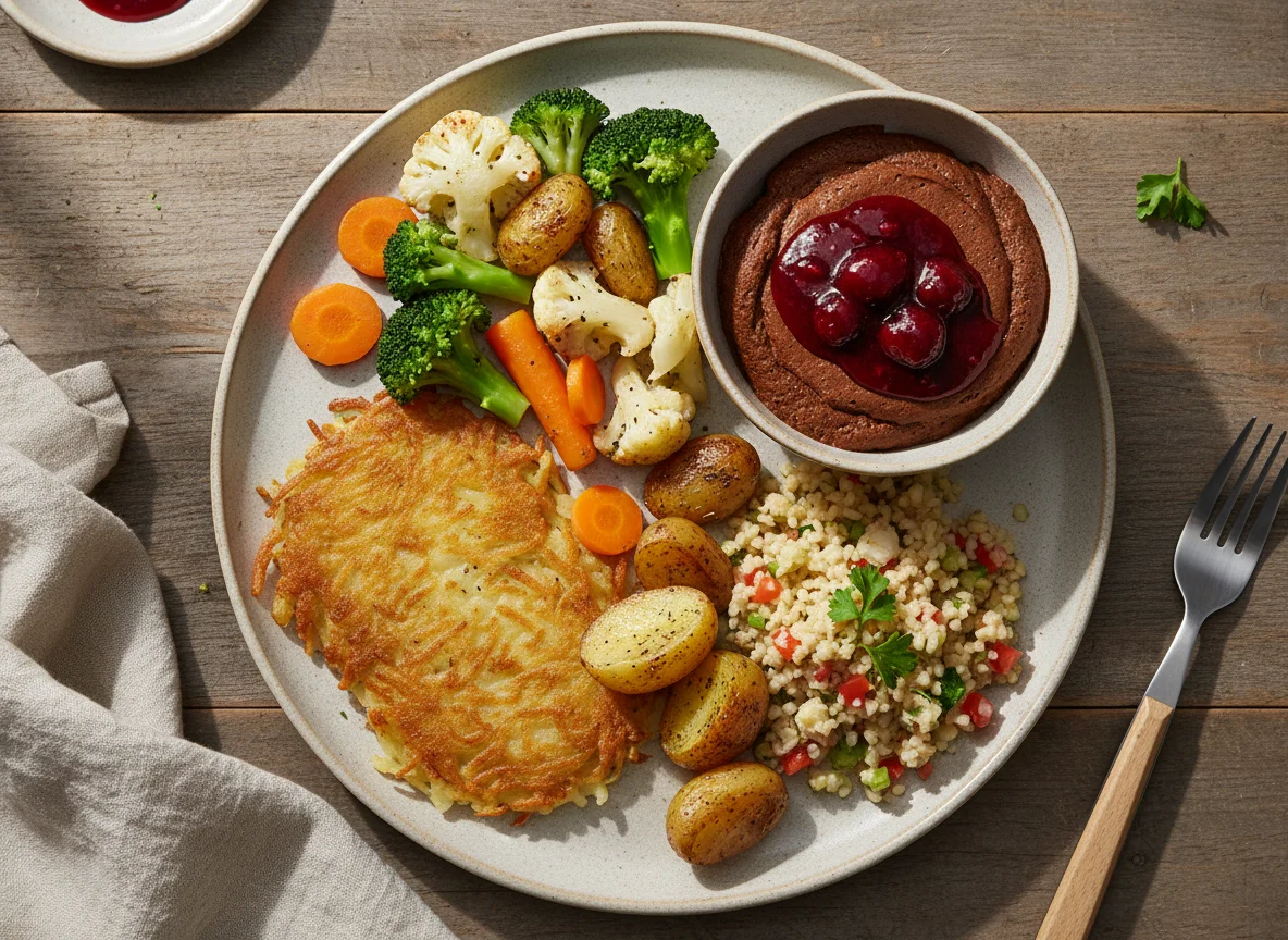 Rösti mit Gemüse und Dessert photo
