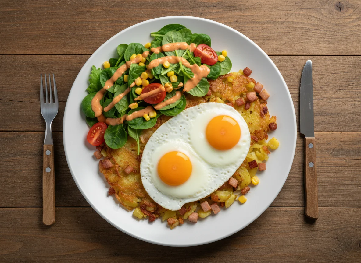 Rösti mit Spiegelei und Salat photo