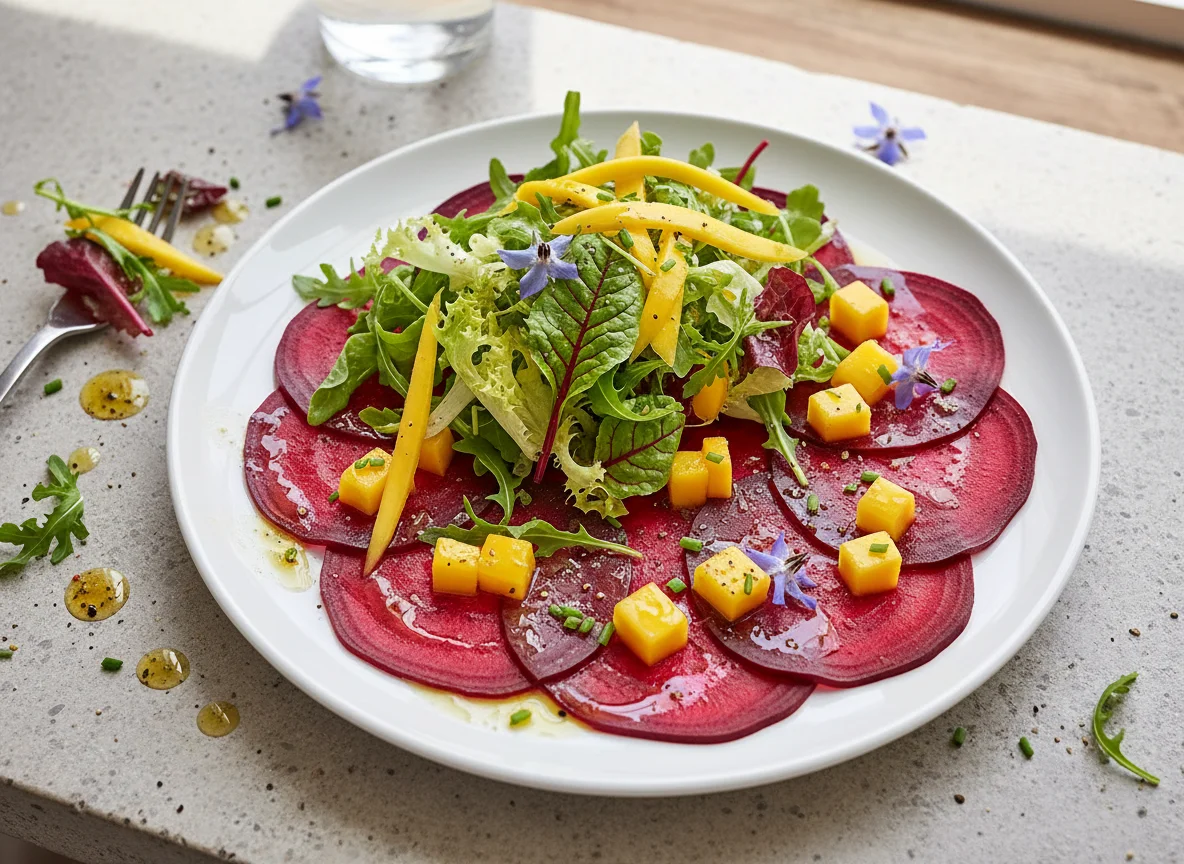 Rote Bete Carpaccio mit Salat und Mango photo