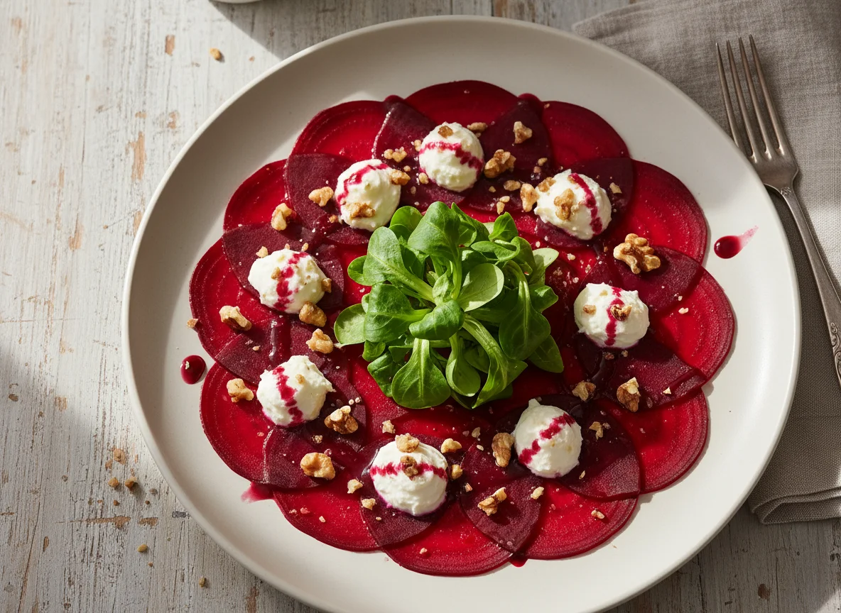Rote Bete Carpaccio mit Ziegenkäse und Walnüssen photo