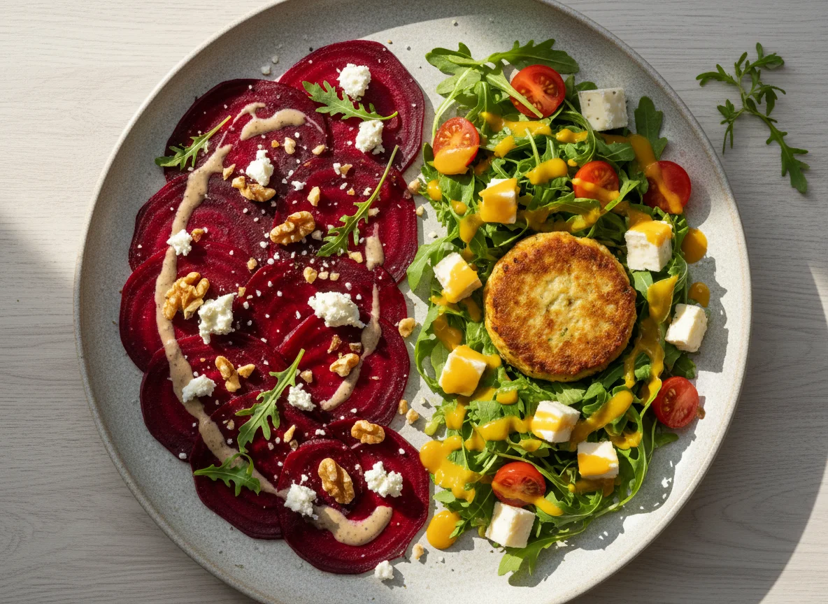 Rote Bete Carpaccio und Salat mit Ziegenkäse photo