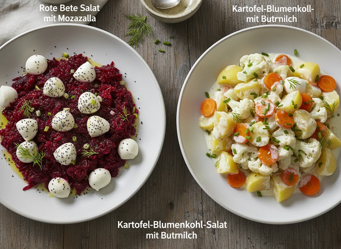 Rote Bete Salat mit Mozzarella und Kartoffel-Blumenkohl-Salat mit Buttermilch photo