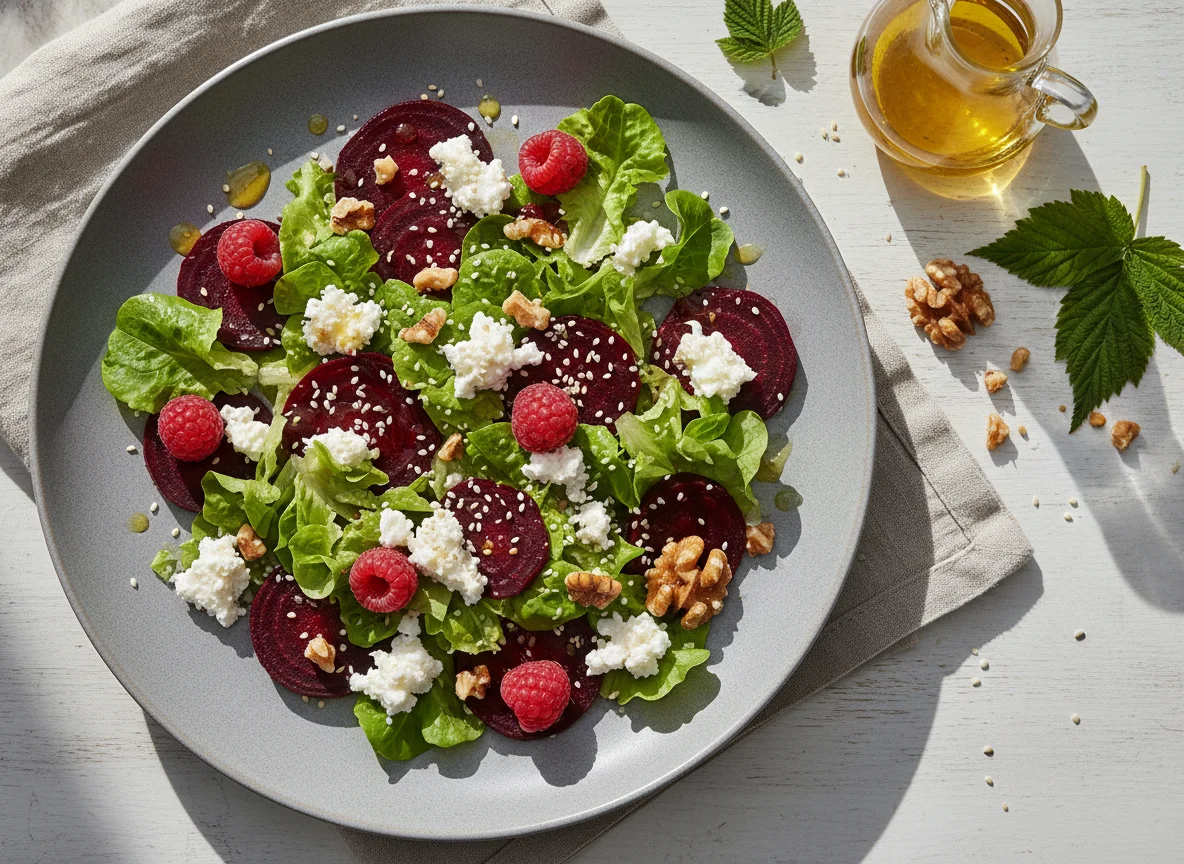 Rote Bete Salat mit Romanasalat, Himbeeren und Ziegenfrischkäse photo