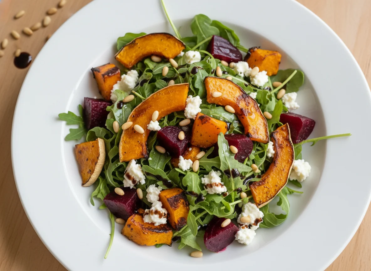 Rote Bete und Kürbis Salat mit Feta und Pinienkernen photo