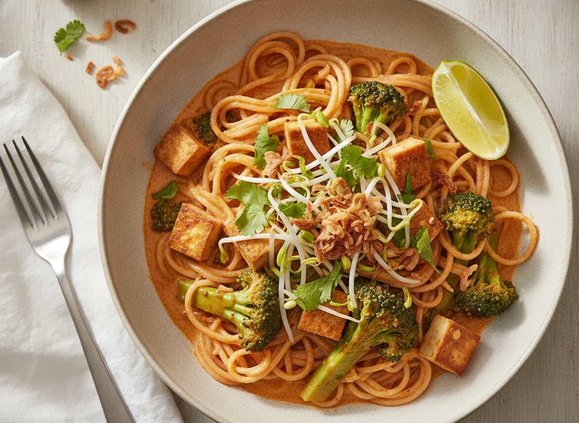 Rote Curry Reisnudeln mit Tofu und Brokkoli photo