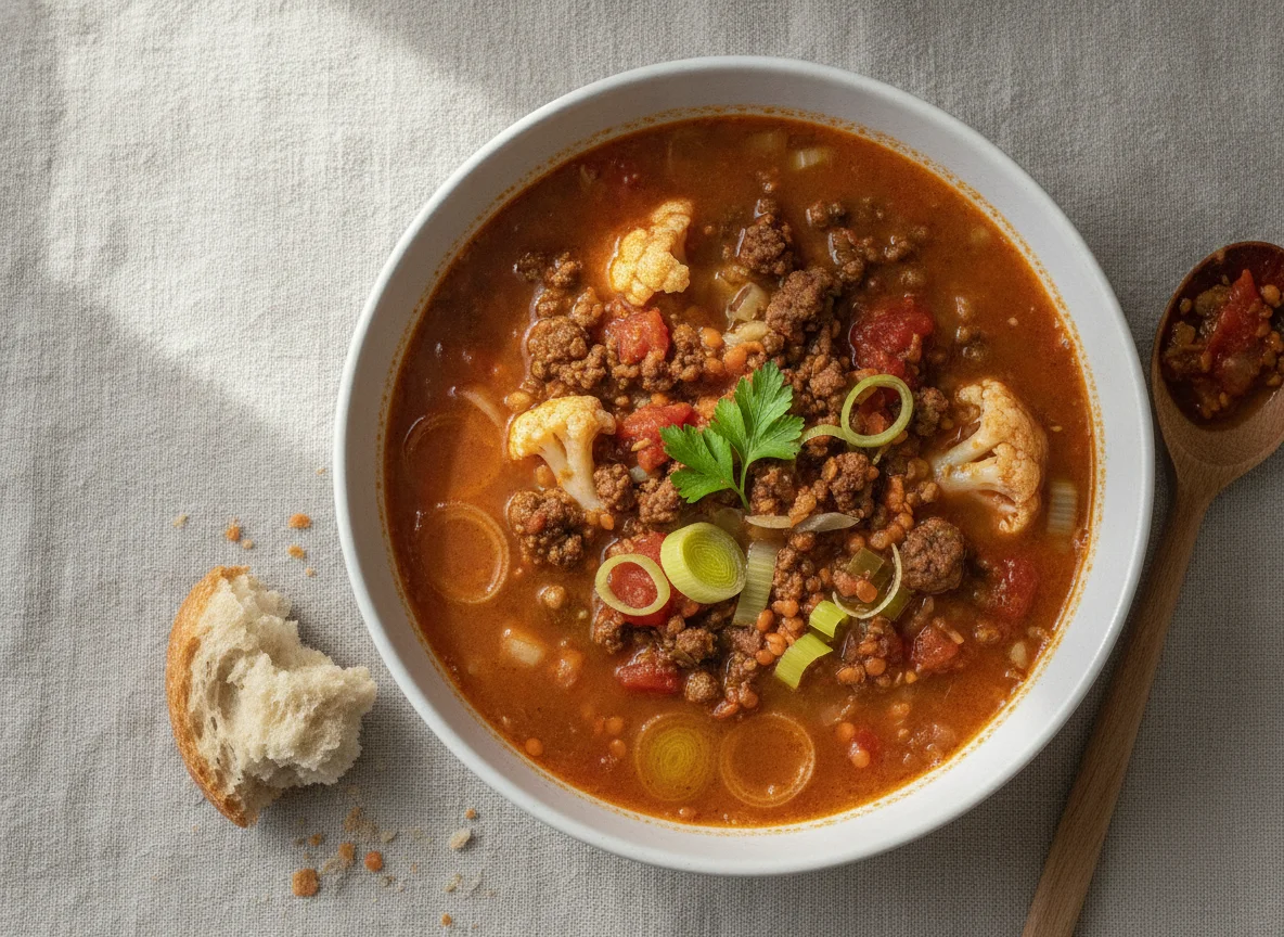 Rote Linsen Suppe mit Soja Hack und Gemüse photo