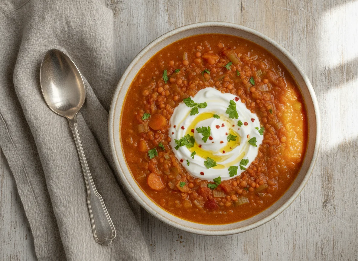 Rote Linsensuppe mit Joghurt photo