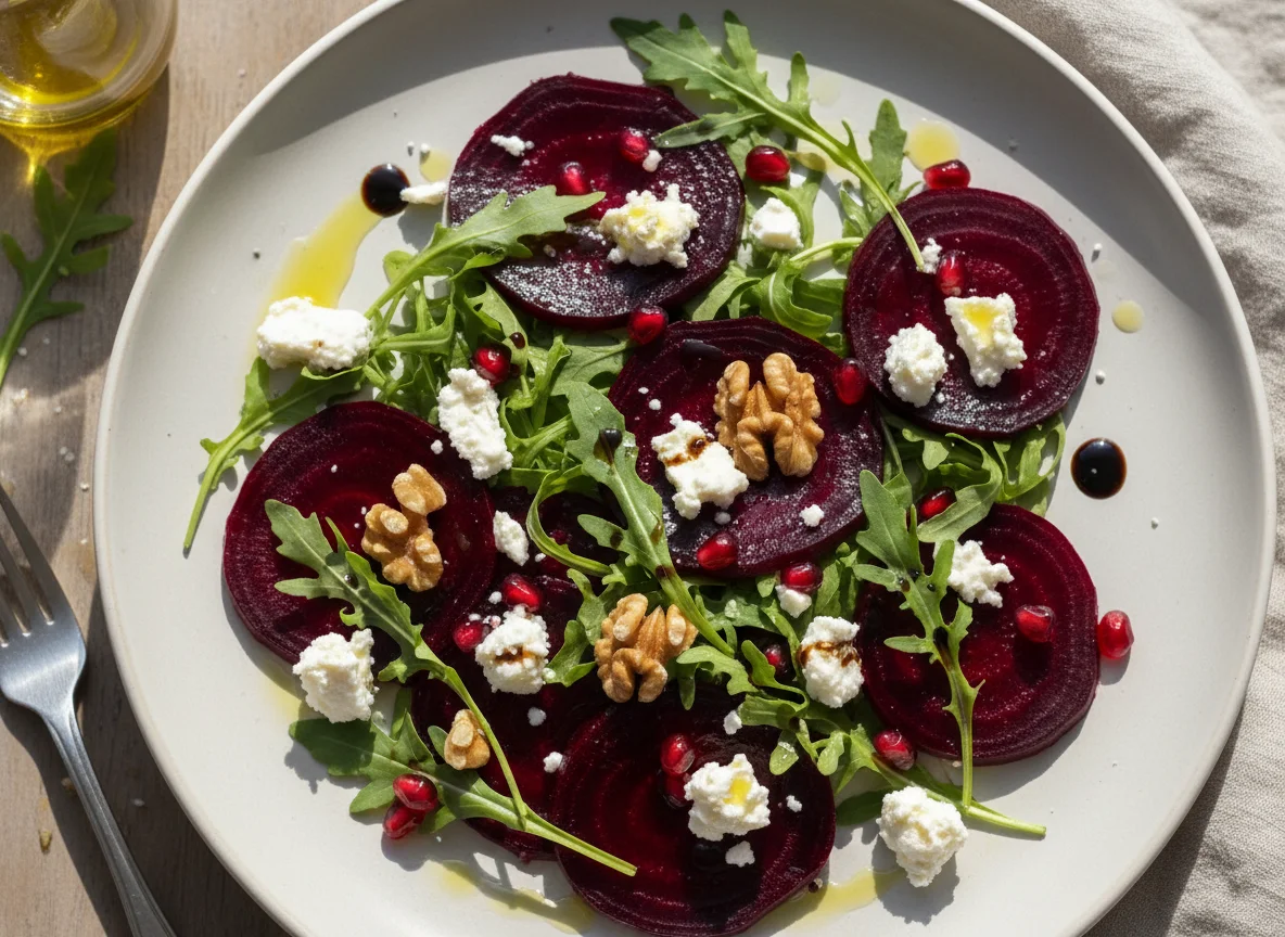 Rote-Bete-Salat mit Rucola, Feta, Granatapfel und Walnüssen photo
