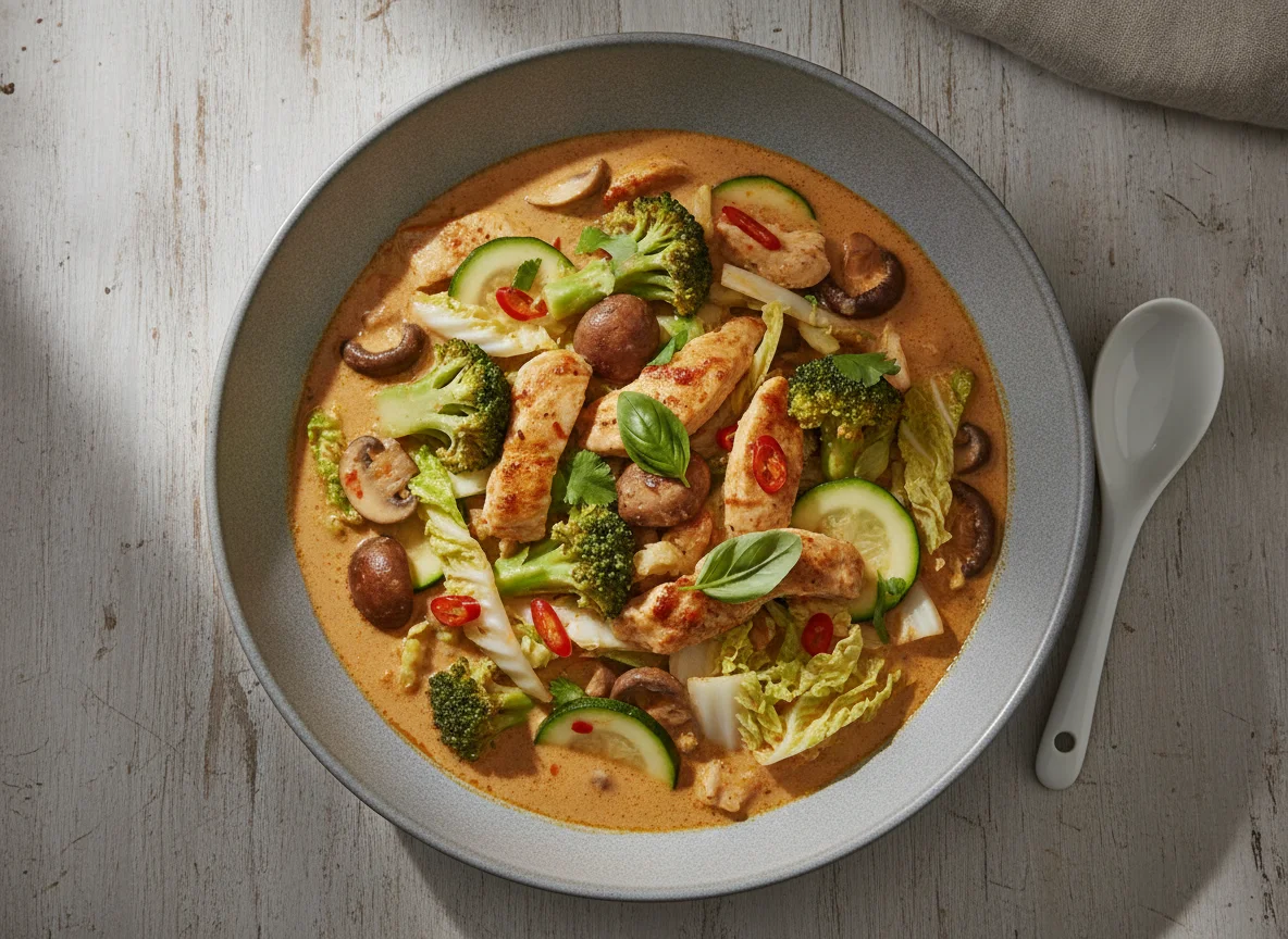 Rotes Curry mit Gemüse und Fleisch photo