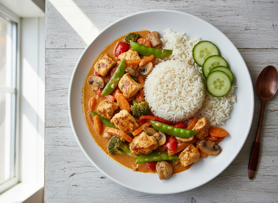 Rotes Curry mit Hähnchen und Reis photo