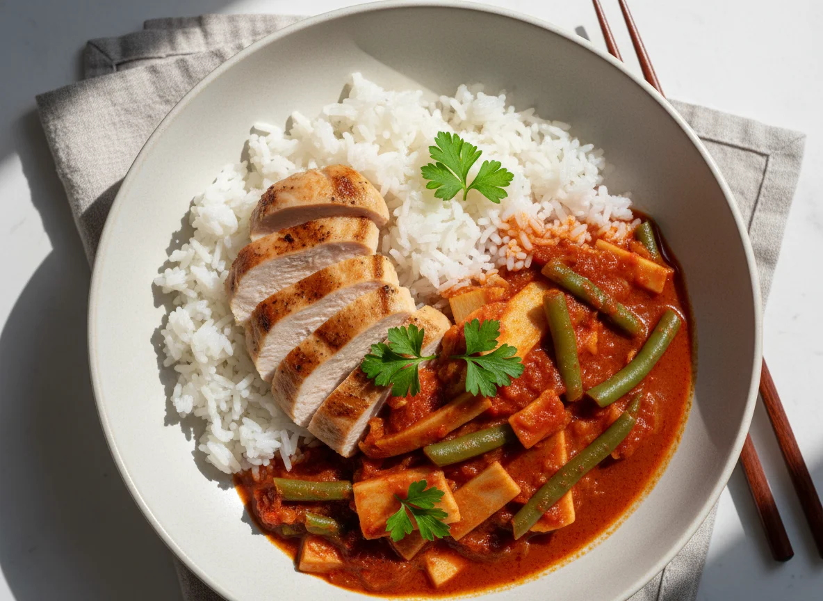 Rotes Curry mit Huhn und Reis photo