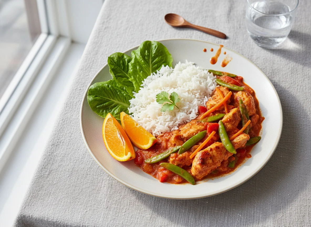 Rotes Curry mit Poulet und Reis photo