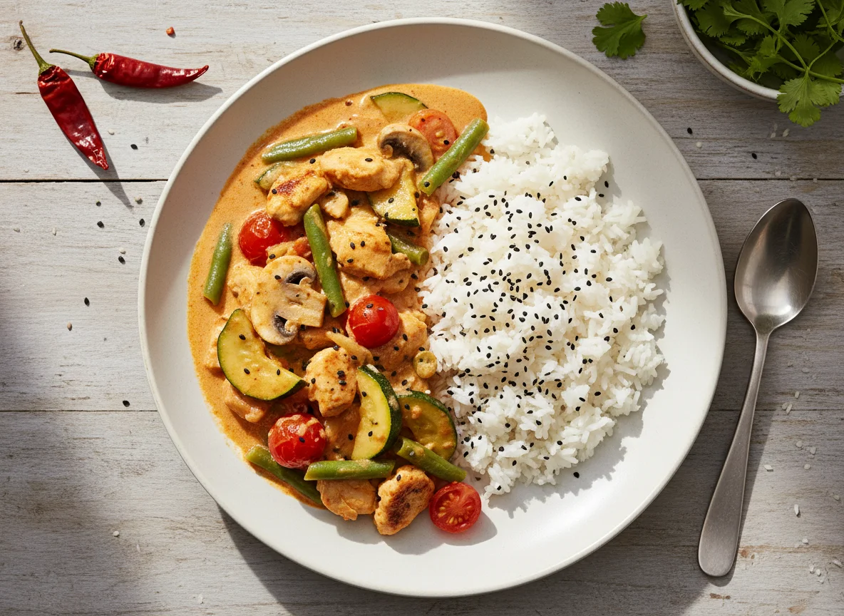 Rotes Curry mit Reis und Gemüse photo