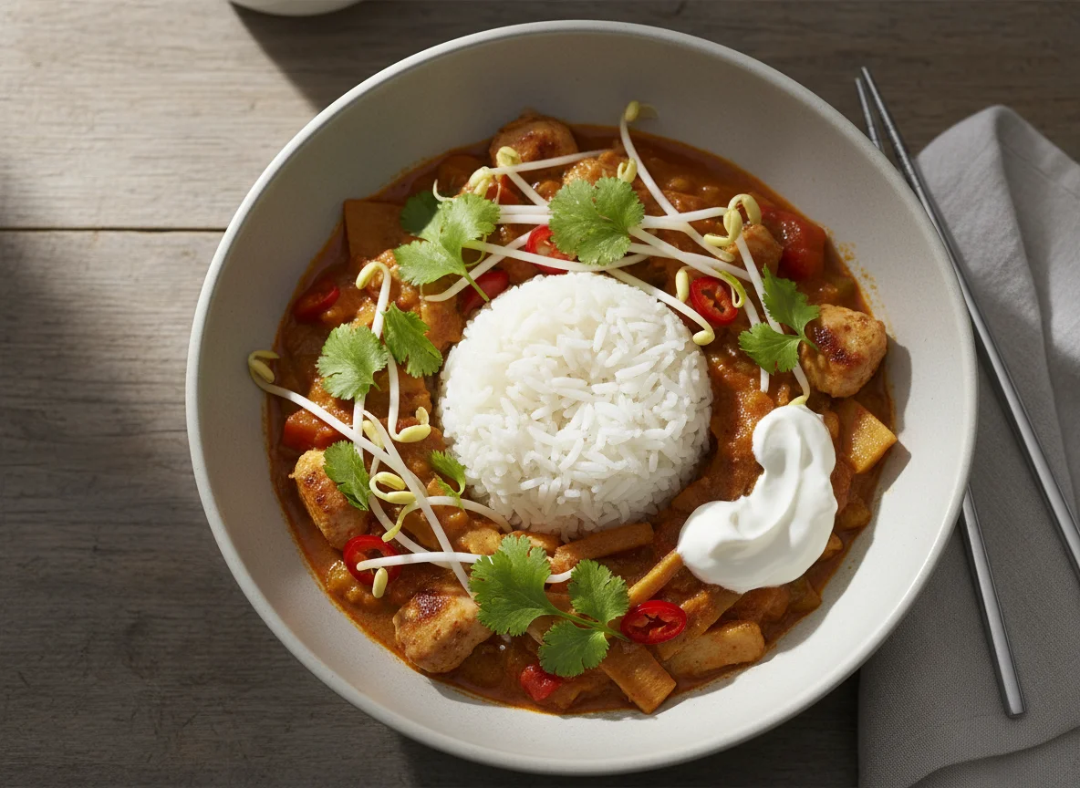 Rotes Curry mit Reis und Hühnchen photo