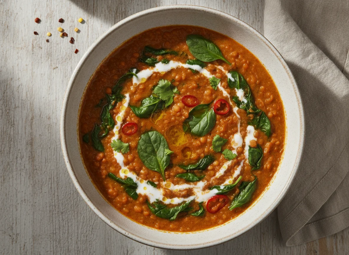 Rotes Linsencurry mit Spinat photo