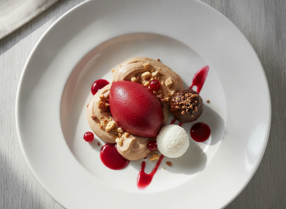 Rotes Mousse-Dessert mit Maronencreme und Praline photo