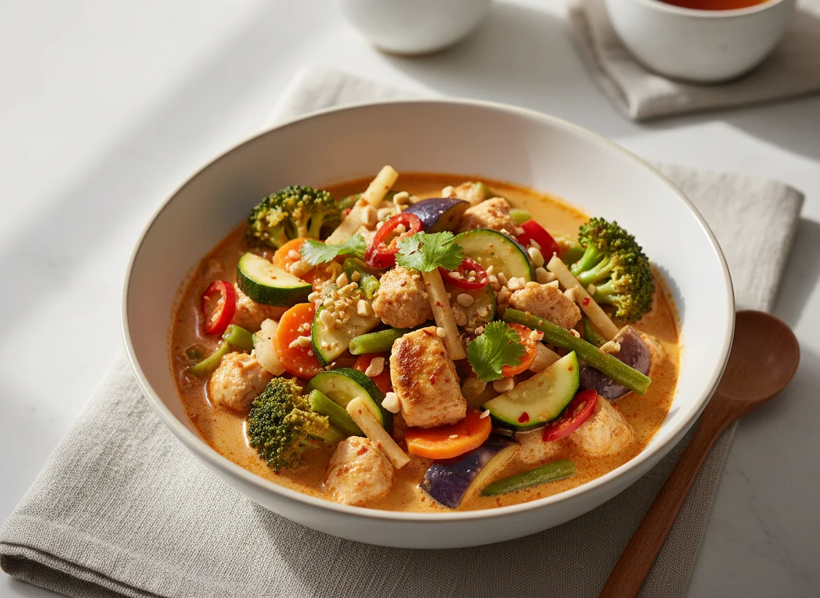 Rotes Thai Curry mit Hähnchen und Gemüse photo