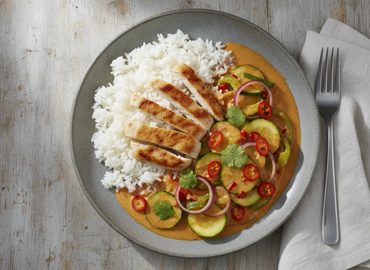Rotes Thai Curry mit Hähnchen und Reis photo