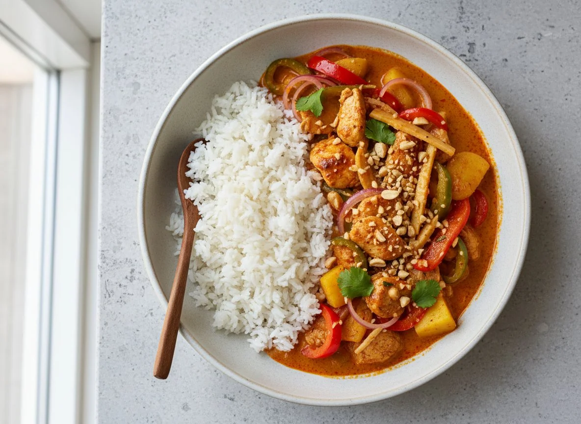 Rotes Thai Curry mit Huhn und Reis photo