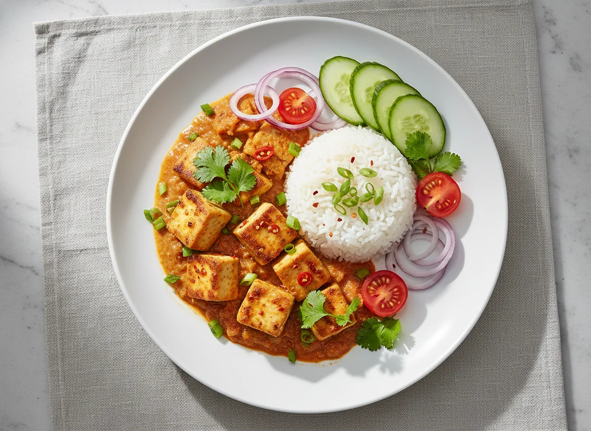 Rotes Thai Curry mit Tofu und Reis photo