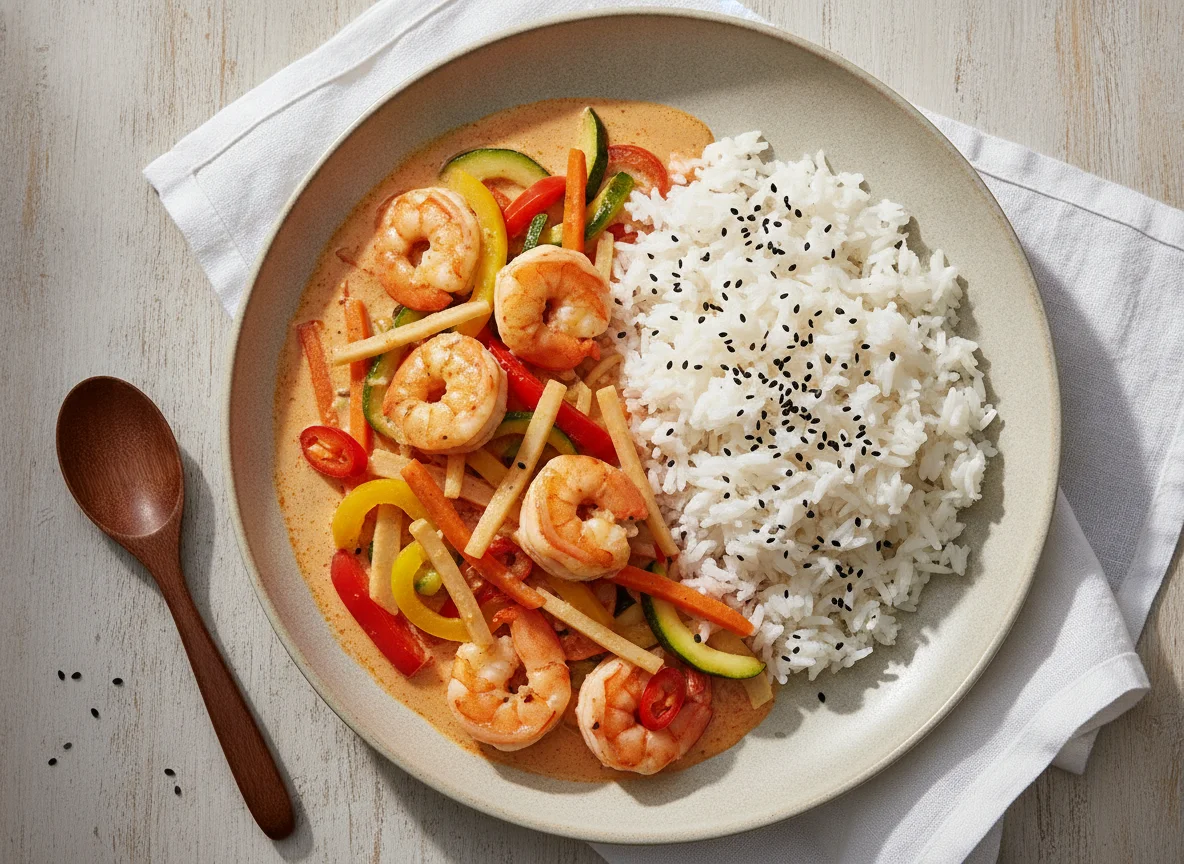 Rotes Thai-Curry mit Garnelen und Reis photo