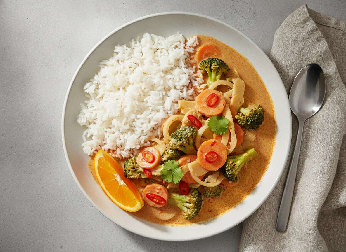 Rotes Thai-Curry mit Gemüse und Reis photo