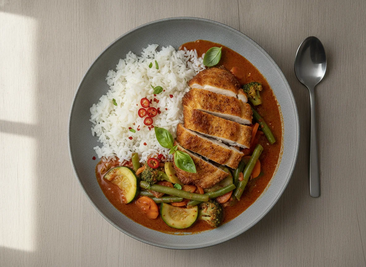 Rotes Thai-Curry mit knusprigem Hähnchen und Reis photo