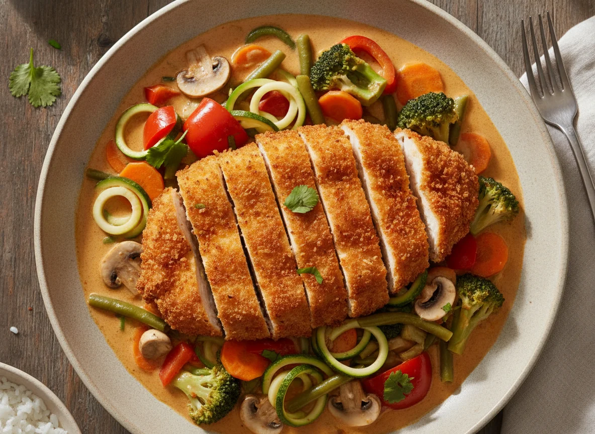 Rotes Thai-Curry mit knusprigem Hähnchen photo