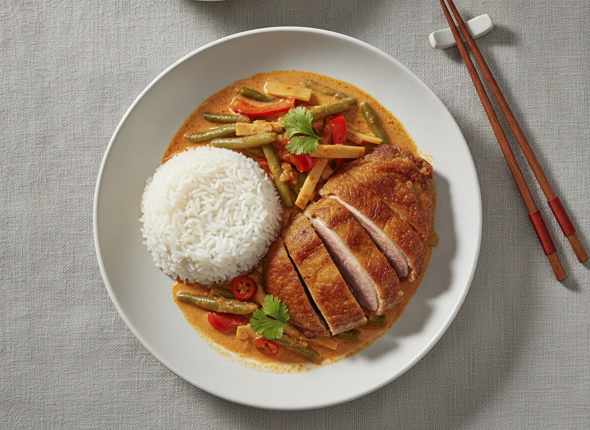 Rotes Thai-Curry mit knuspriger Ente und Reis photo