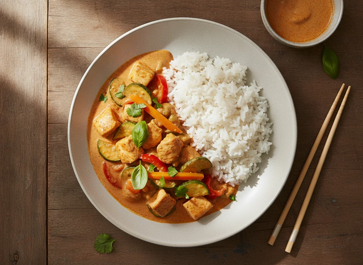 Rotes Thai-Curry mit Poulet und Jasminreis photo