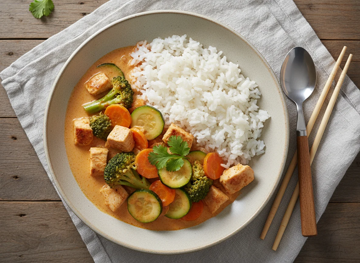 Rotes Thai-Curry mit Reis und Gemüse photo