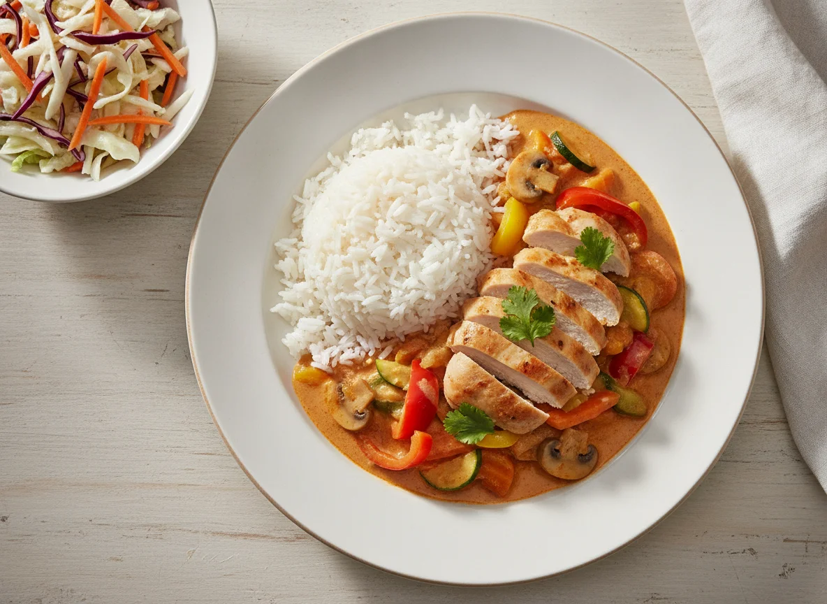 Rotes Thai-Curry mit Reis und Salat photo