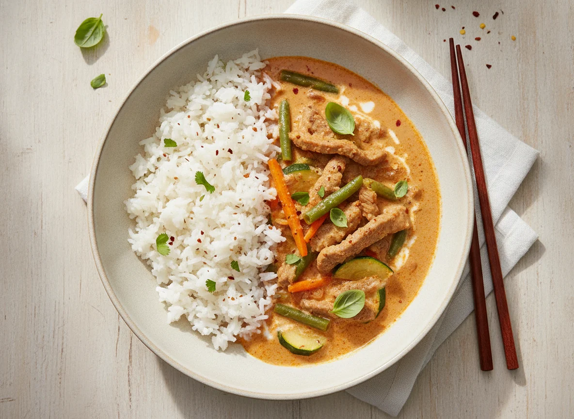Rotes Thai-Curry mit Rindfleisch und Reis photo
