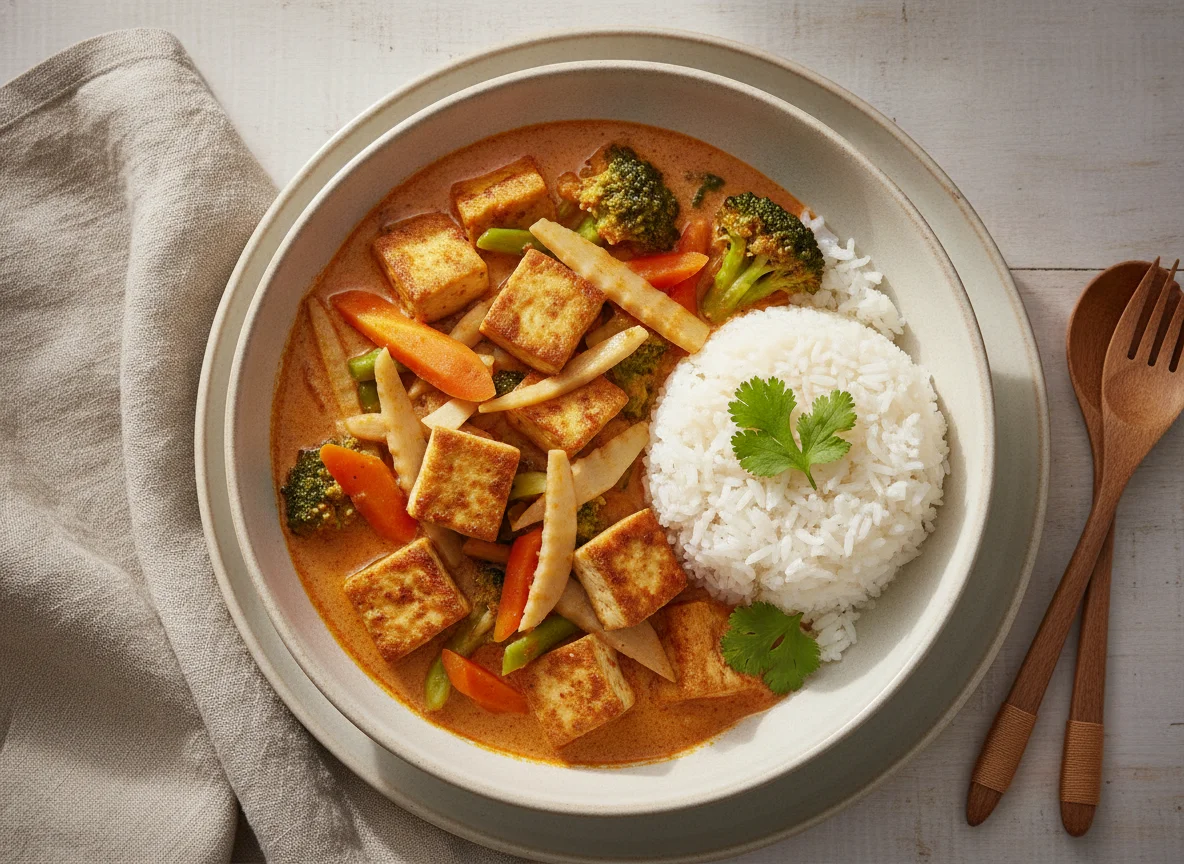 Rotes Thai-Curry mit Tofu, Gemüse und Reis photo