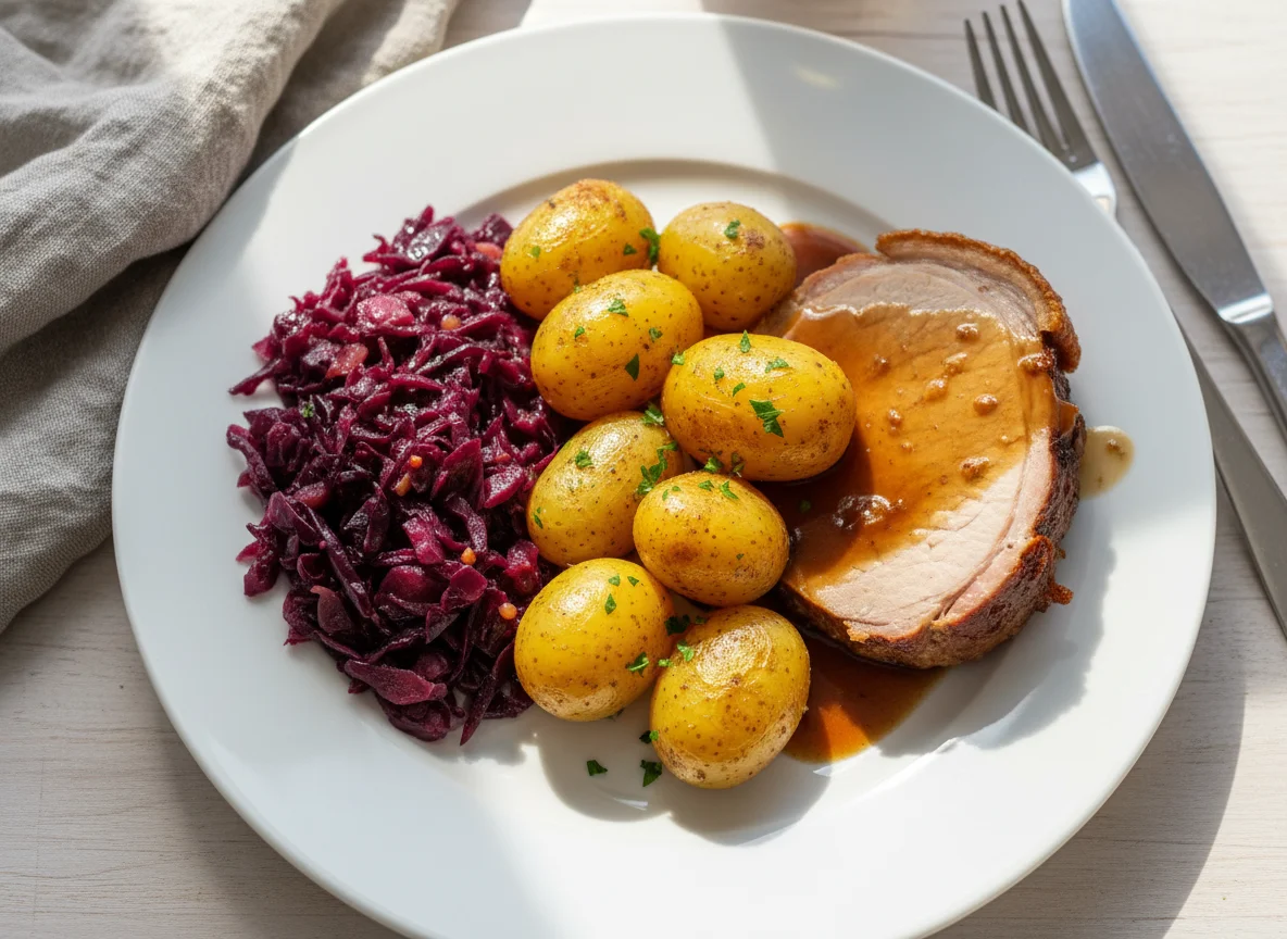 Rotkohl mit Kartoffeln und Fleisch photo