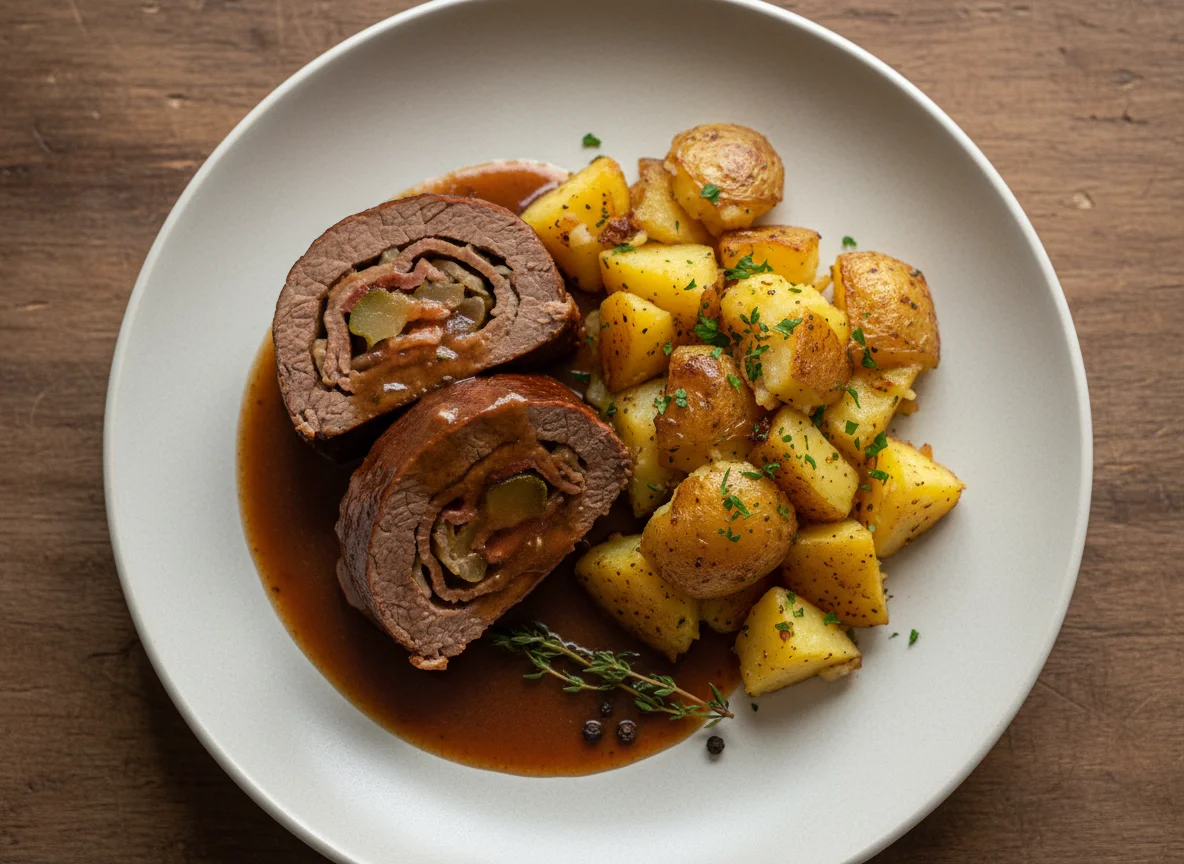 Roulade mit Kartoffeln und Soße photo