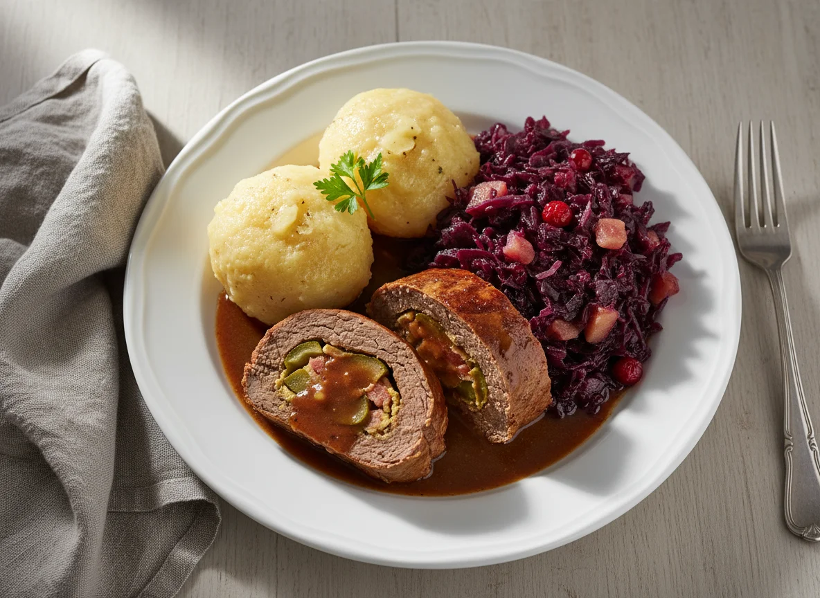 Roulade mit Klößen und Rotkohl photo