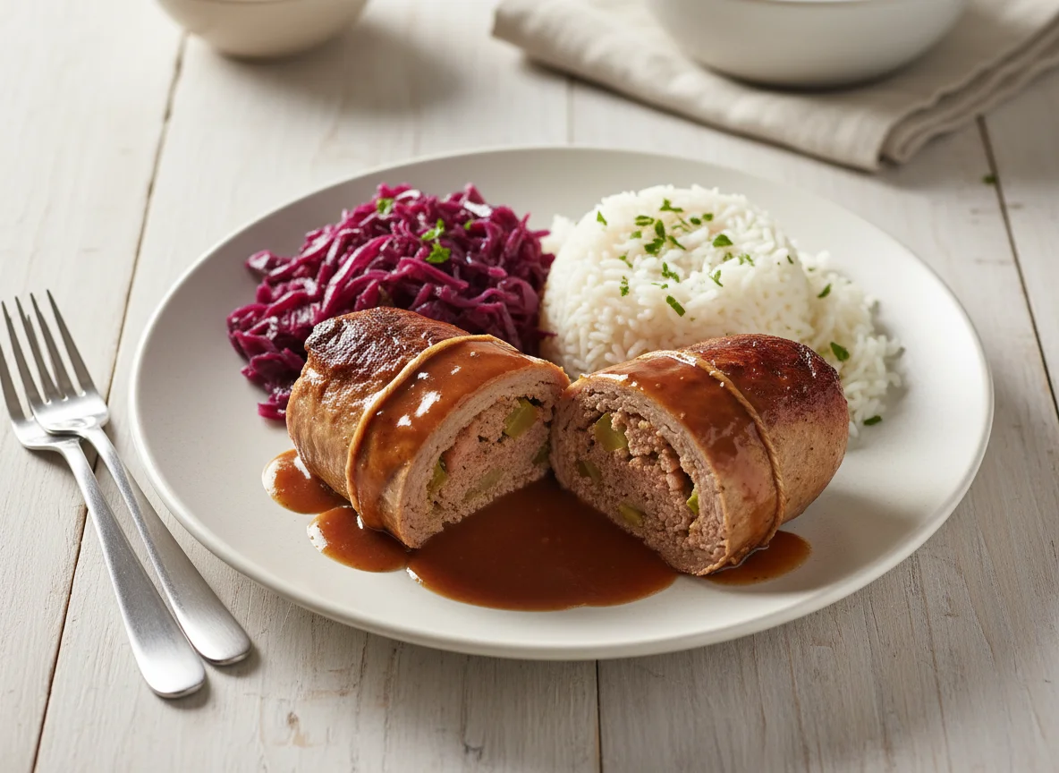 Roulade mit Reis und Rotkohl photo