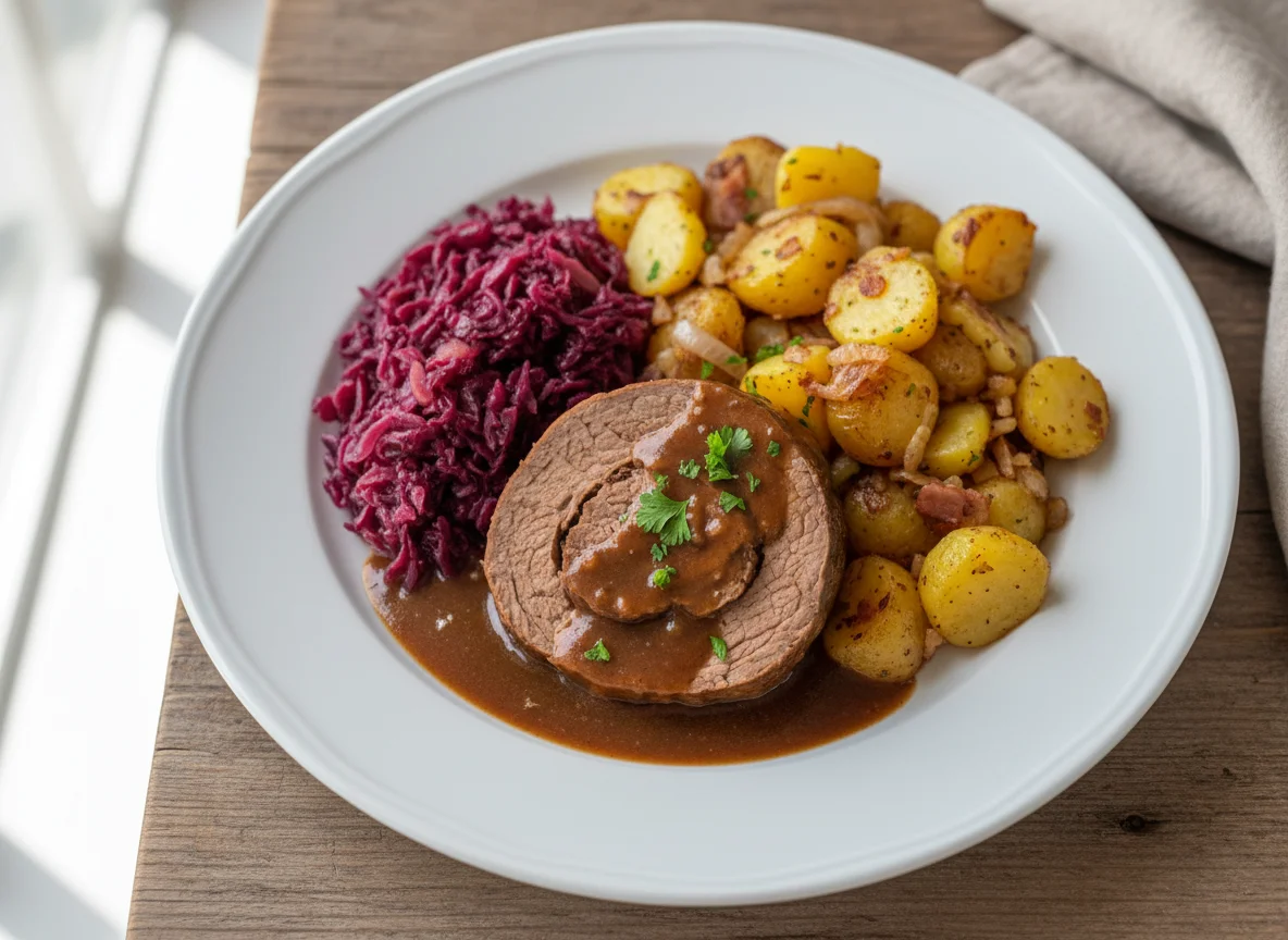 Roulade mit Rotkohl und Kartoffeln photo