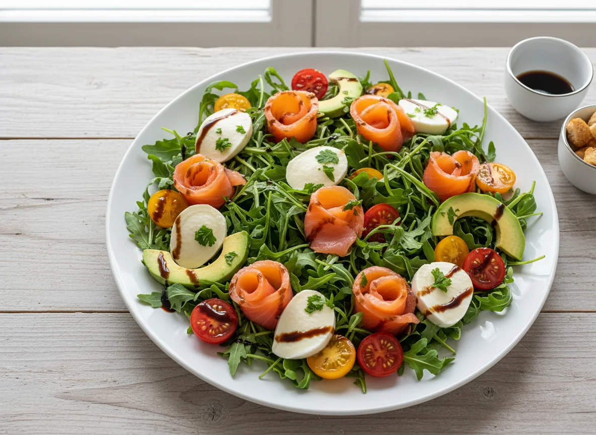 Rucola-Lachs-Salat mit Mozzarella und Balsamico photo