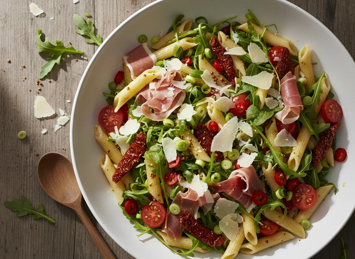 Rucola-Pasta-Salat mit Serrano und getrockneten Tomaten photo