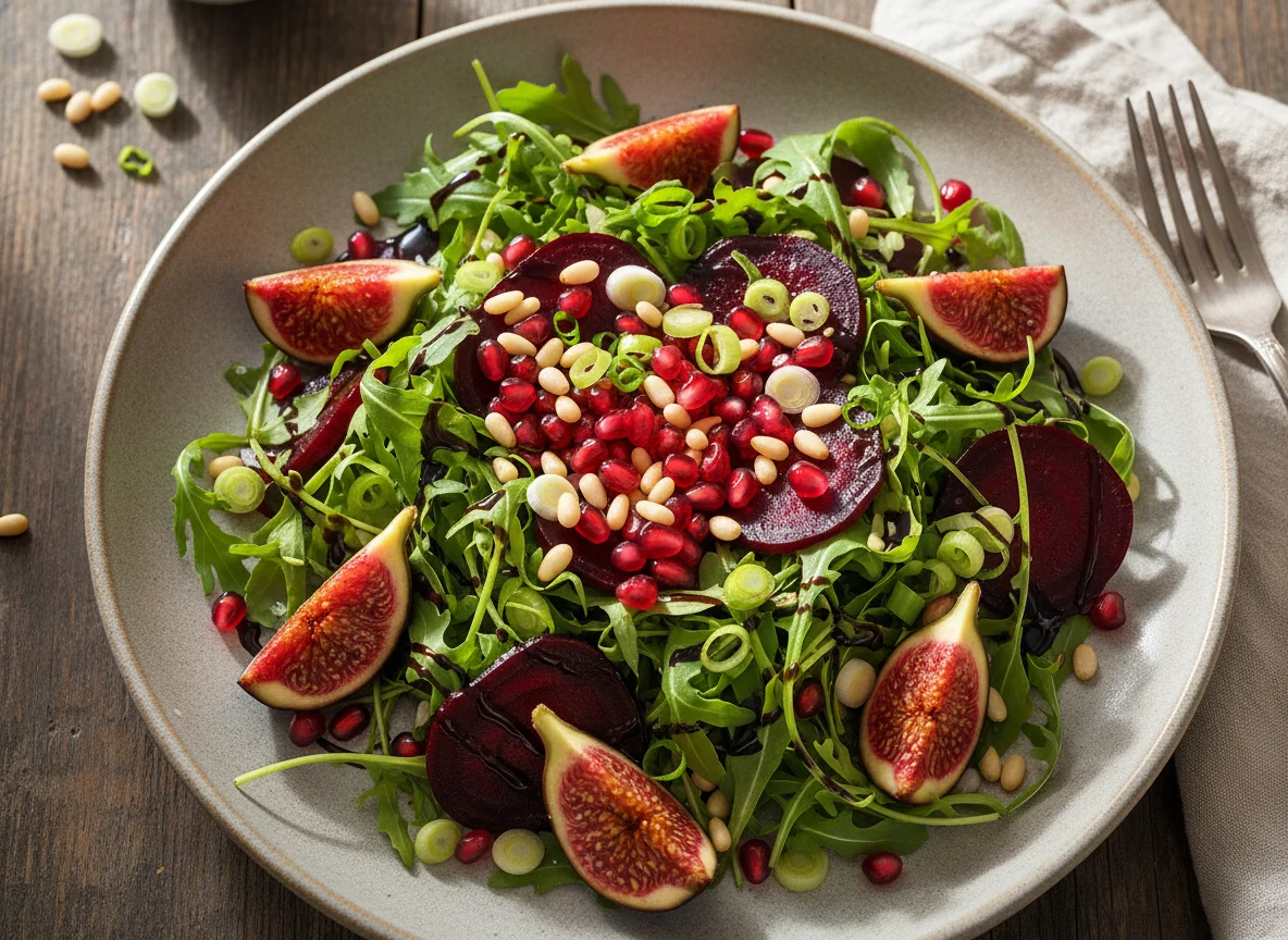 Rucola-Rote-Bete-Salat mit Feigen und Granatapfel photo