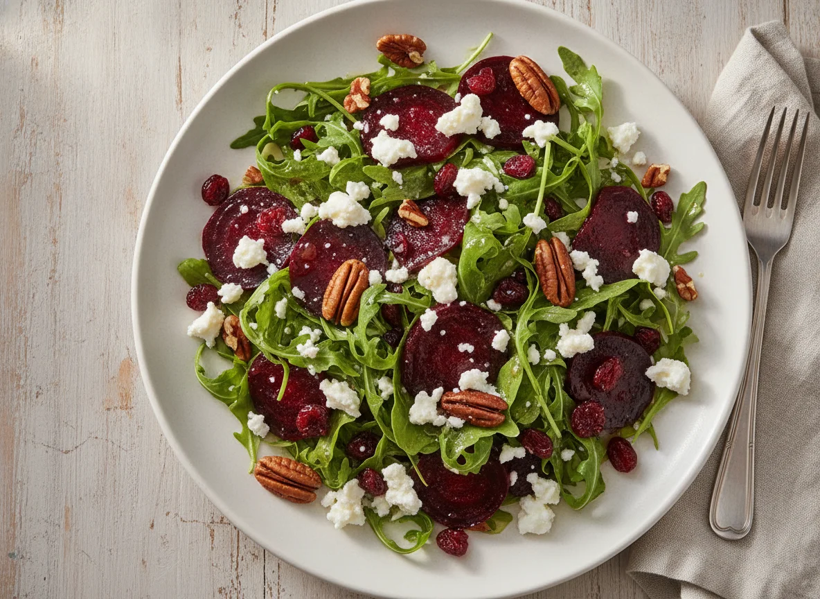 Rucola-Rote-Bete-Salat mit Ziegenkäse und Pekannüssen photo