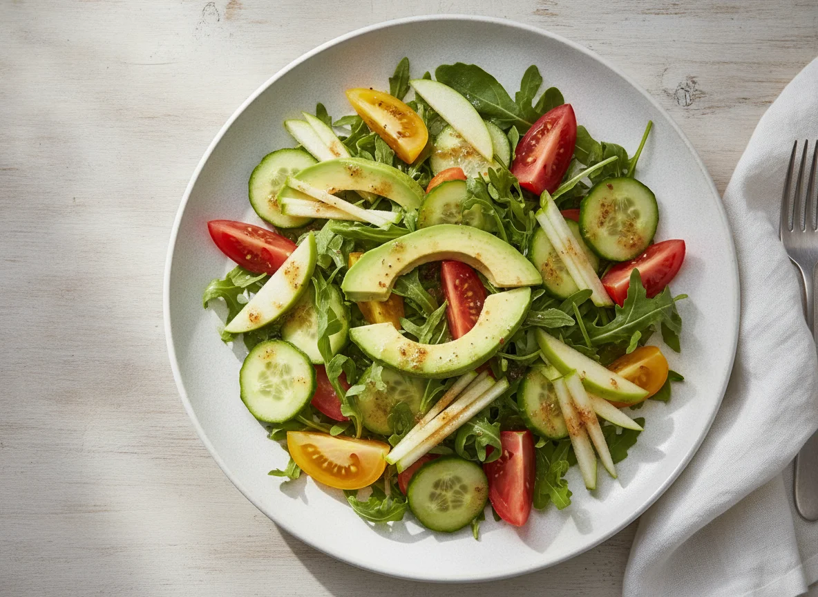 Rucola-Salat mit Avocado, Tomate, Gurke und Apfel photo
