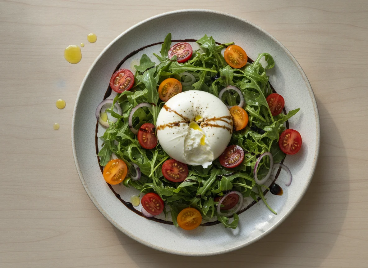 Rucola-Salat mit Burrata, Kirschtomaten und roten Zwiebeln photo