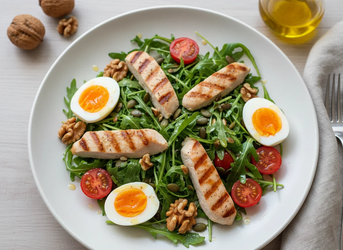 Rucola-Salat mit Ei und Hähnchen photo