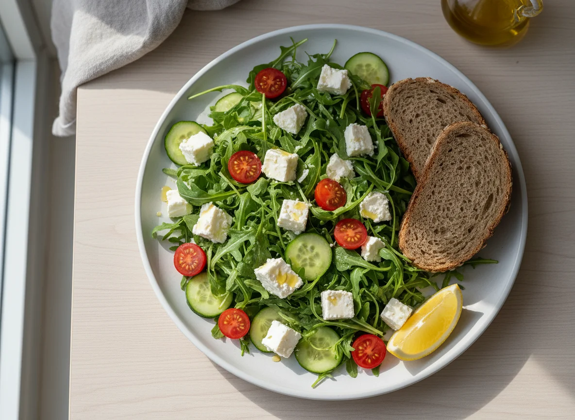 Rucola-Salat mit Feta und Vollkornbrot photo