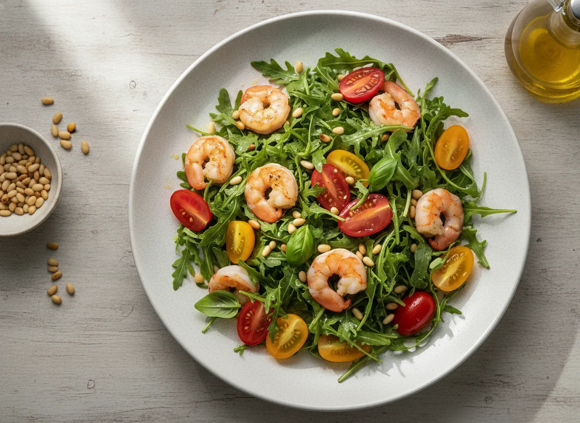 Rucola-Salat mit Garnelen und Pinienkernen photo