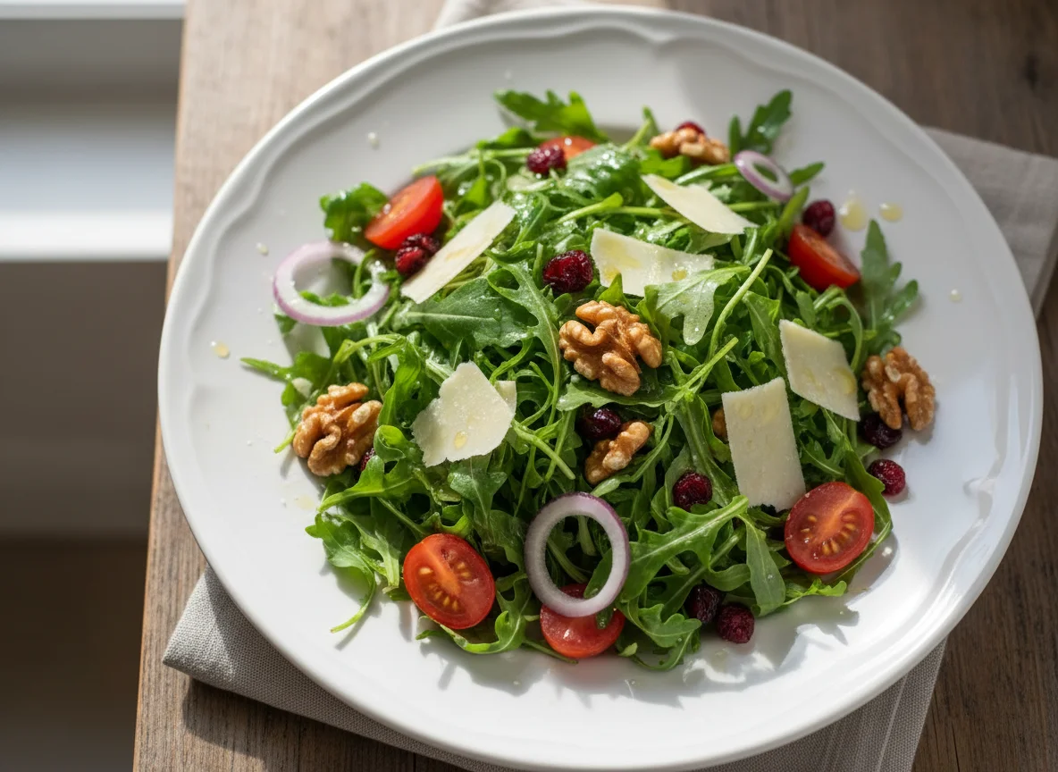 Rucola-Salat mit Walnüssen, Käse und Cranberries photo