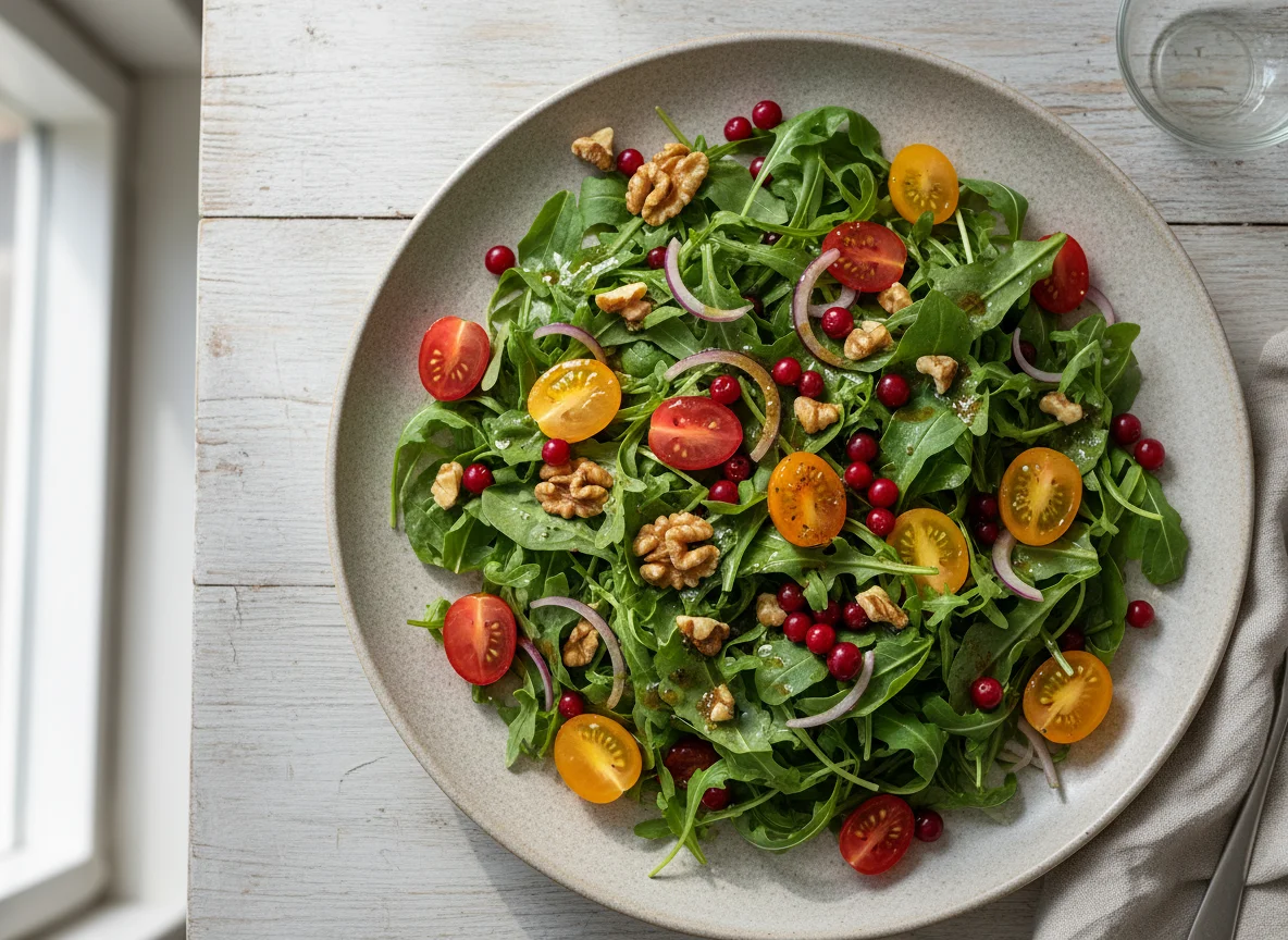 Rucola-Salat mit Walnüssen, Kirschtomaten und Preiselbeeren photo